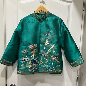Emerald Satin Mandarin Collar Embroidered Bird Jacket